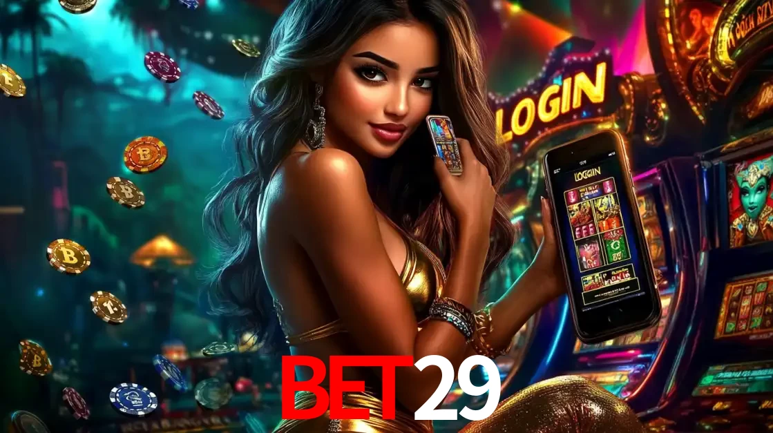 Mulher em um cenário de cassino temático de aventura, mostrando o app de caça-níqueis da BET29 no celular. Fichas de apostas flutuam ao redor.