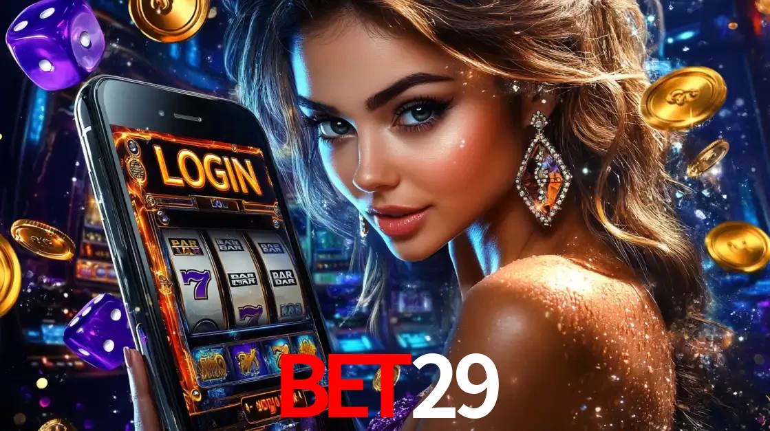 Mulher glamorosa segurando um smartphone com a tela de login para os jogos de caça-níqueis do cassino online BET29, com moedas de ouro e dados ao redor.
