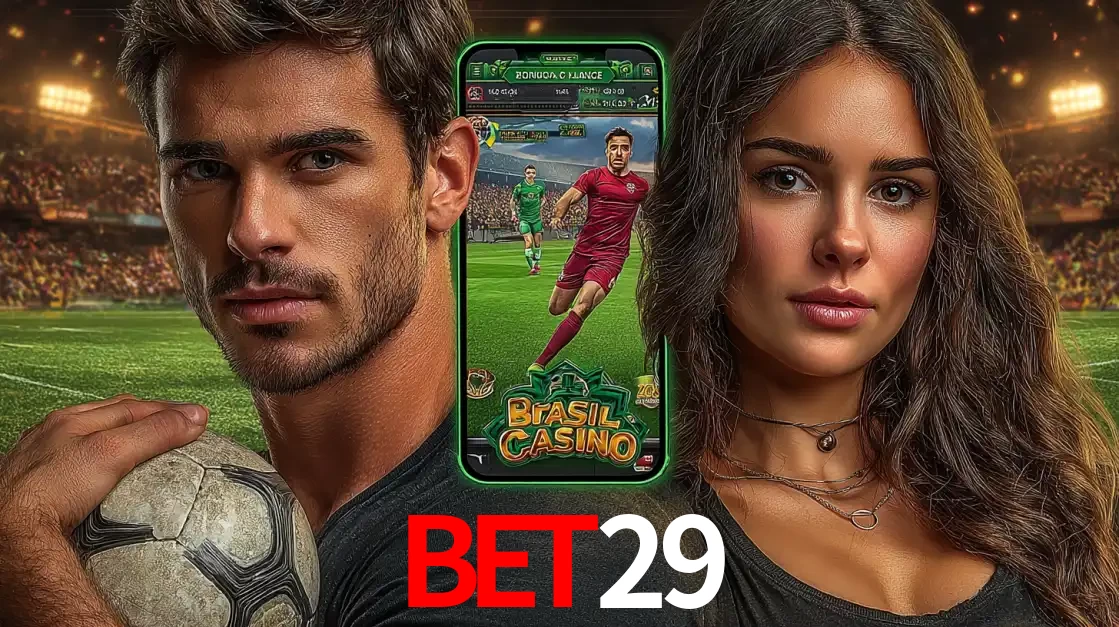 Homem segurando uma bola de futebol e uma mulher ao lado de um smartphone exibindo o jogo de apostas esportivas da BET29. Faça seu palpite no cassino online.